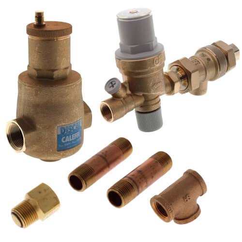 Brass boiler trim kit components including air vent, backflow preventer, dielectric union, and copper fittings.