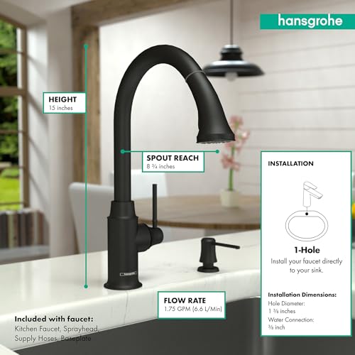 Matte black high-arc kitchen faucet with pull-down sprayer and single lever handle, 15 inches tall.