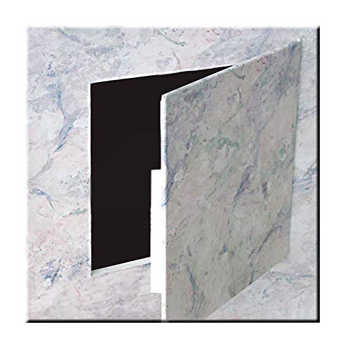 White polystyrene access panel with hinged door, 14" x 14" square size, shown open against textured background.