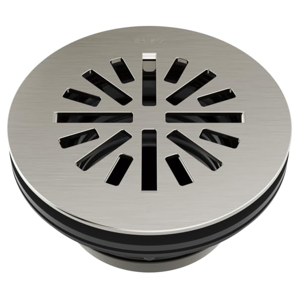 Brushed nickel round shower drain with radial slot pattern and rubber gasket ring.