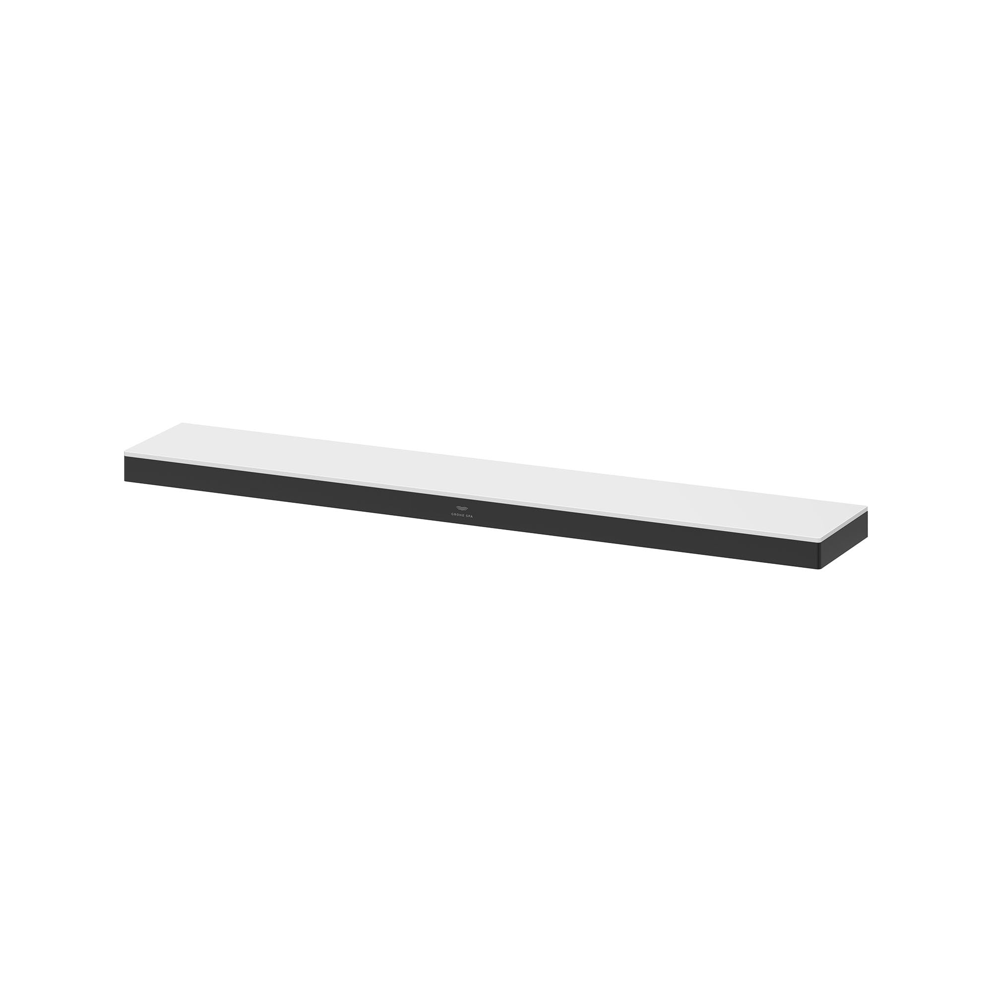 Grohe Allure chrome shelf with white top surface and dark metal frame, approximately 14 inches wide.