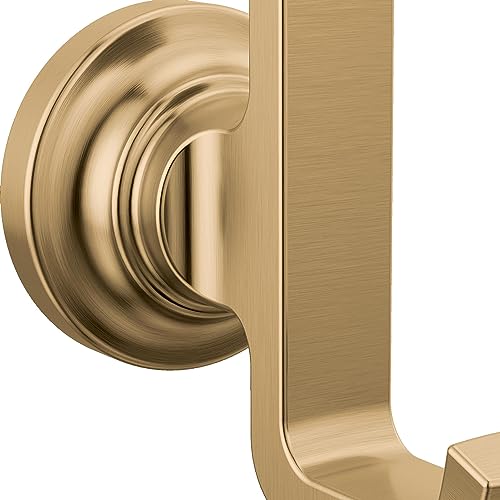 Champagne bronze robe hook with curved handle mounted on rectangular backplate.