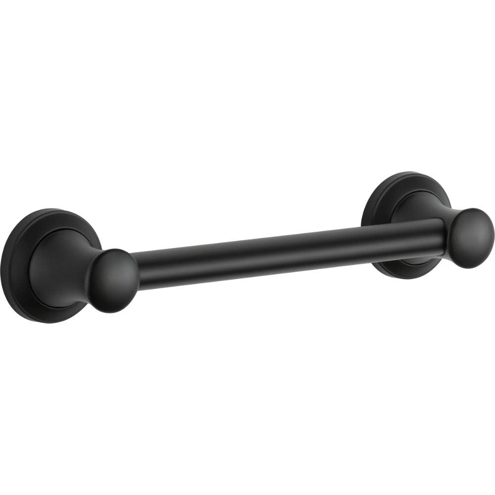 Black cylindrical grab bar with round mounting flanges on each end and decorative knobs.