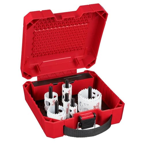Red Milwaukee HOLE DOZER plumbers hole saw kit with 12 white and black cutting bits in red carrying case.