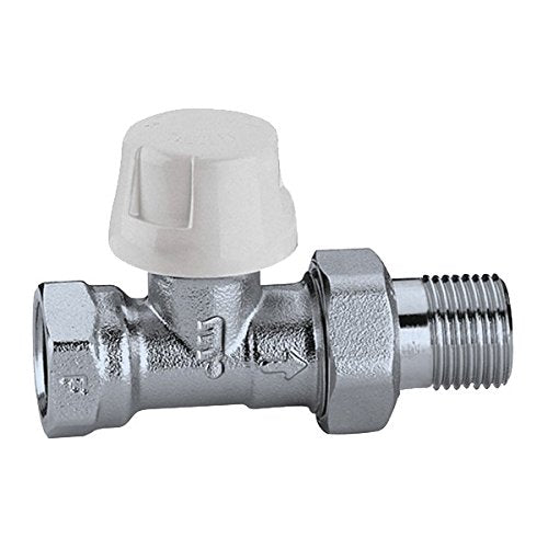 Straight thermostatic radiator valve body with 3/4" NPT connections and white adjustment cap.