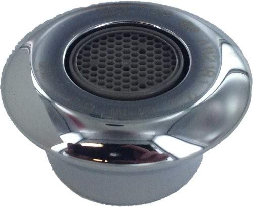Chrome faucet aerator with perforated black mesh screen insert and wide circular base.