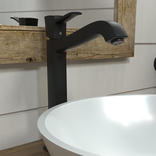 Matte black single-hole bathroom faucet with curved spout and lever handle mounted above white vessel sink.