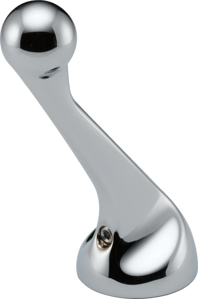 Chrome lever handle kit with spherical knob and curved metal stem for faucet installation.