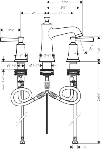 Hansgrohe Joleena widespread faucet with polished nickel finish, two handles, and pop-up drain shown in technical schematic w