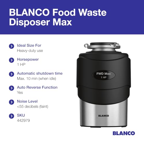 Black Blanco food waste disposer with stainless steel base, 1 HP motor, and FWD Max label visible.