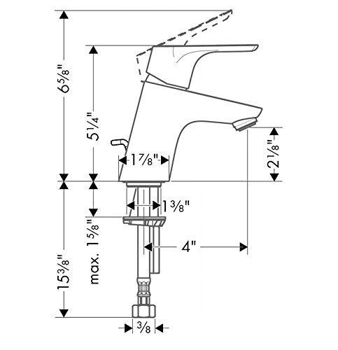 Chrome single-hole bathroom faucet with curved spout and lever handle, side view technical drawing with dimensions.