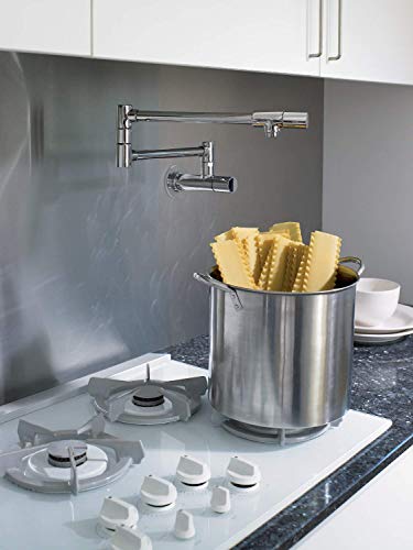 Hansgrohe Allegro E steel optic wall-mounted pot filler faucet installed above cooktop with pasta in stainless steel pot.