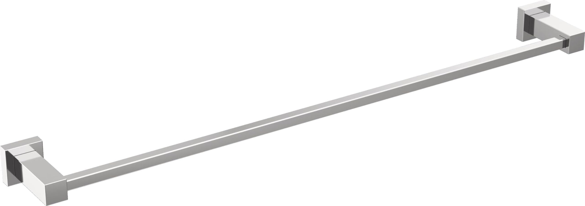 Chrome towel bar with square mounting brackets on each end, 24 inches long.