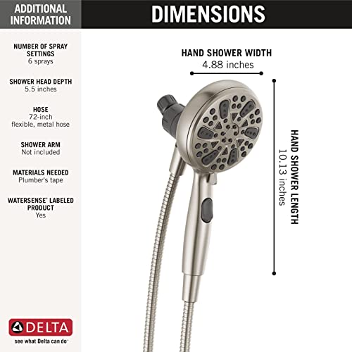 Satin nickel hand shower with 6 spray settings, 4.88 inches wide and 8.31 inches tall with flexible metal hose.