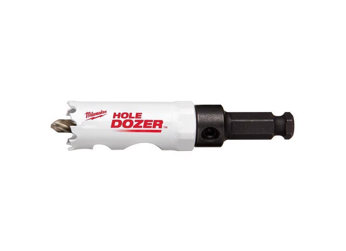 Milwaukee HOLE DOZER 7/8" bi-metal hole saw with white body, black arbor, and cutting teeth visible.