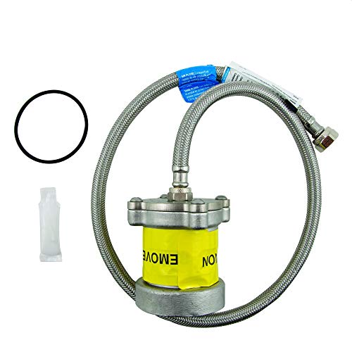 Relief valve kit with braided stainless steel hoses, yellow cylindrical body, metal connectors, black rubber gasket, and clea