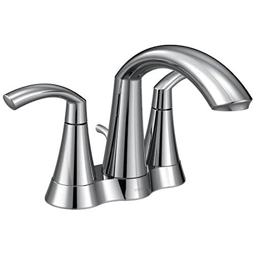 Chrome two-handle bathroom faucet with curved spout and conical handles.
