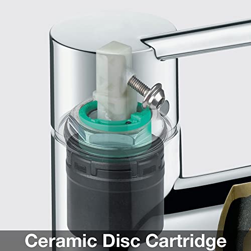 Polished nickel bar faucet cartridge with ceramic disc valve and turquoise seal ring inside clear housing.