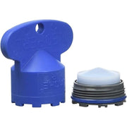 Blue plastic flow control cartridge with white cap and threaded black and gray ring components.