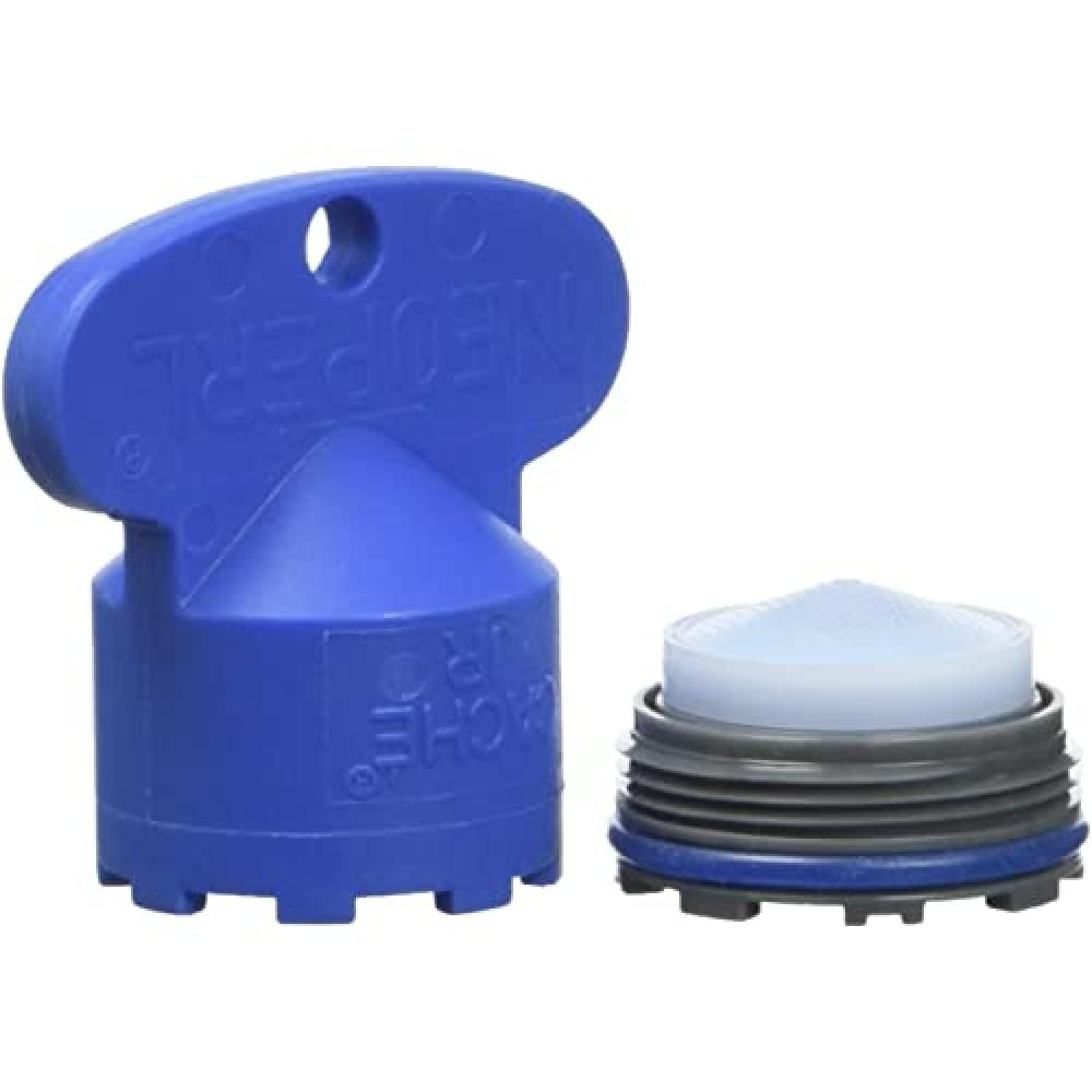 Blue plastic flow control cartridge with white cap and threaded black and gray ring components.