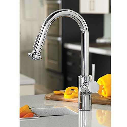 Polished nickel pull-down kitchen faucet with curved spout and single lever handle, displayed above countertop with yellow pe