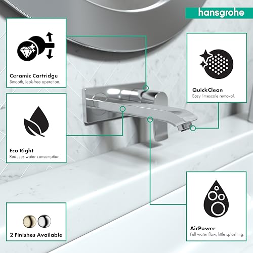 Chrome single-handle wall-mount bathroom faucet with curved spout and ceramic cartridge technology.