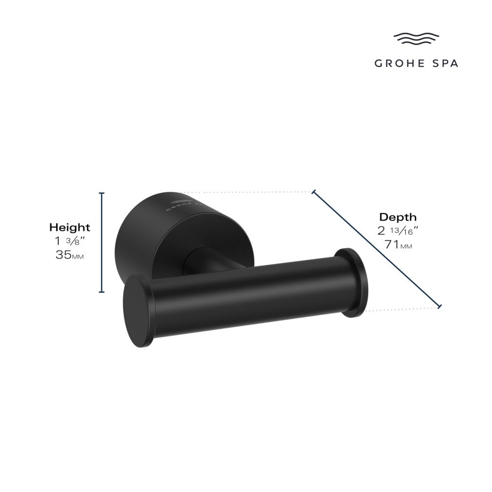 Grohe Atrio brushed nickel towel hook with cylindrical bar and circular mounting plate, shown with dimensions.