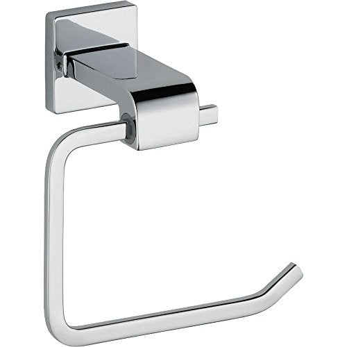 Chrome toilet paper holder with curved arm and square wall mount plate.