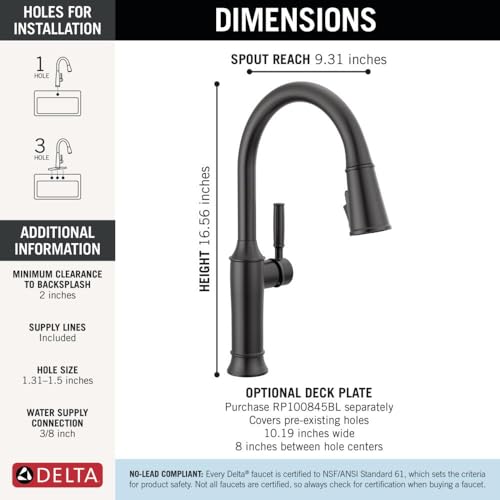 Matte black single-handle pull-down kitchen faucet with curved spout and dimensions labeled, 16.56 inches height.