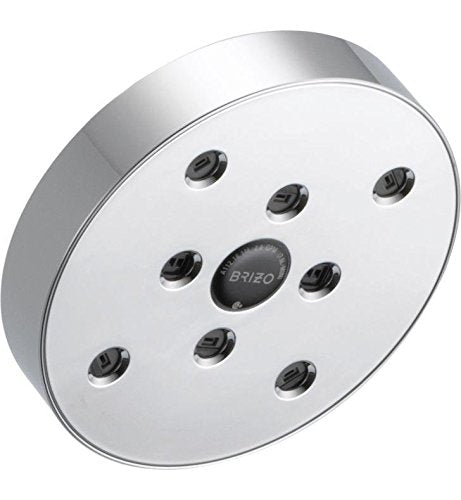 Chrome round shower head with ten spray jets arranged in a circle around center Brizo logo.