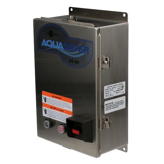 InSinkErator Aqua Saver AS-101 stainless steel control system with blue logo, warning labels, and black power switch with red
