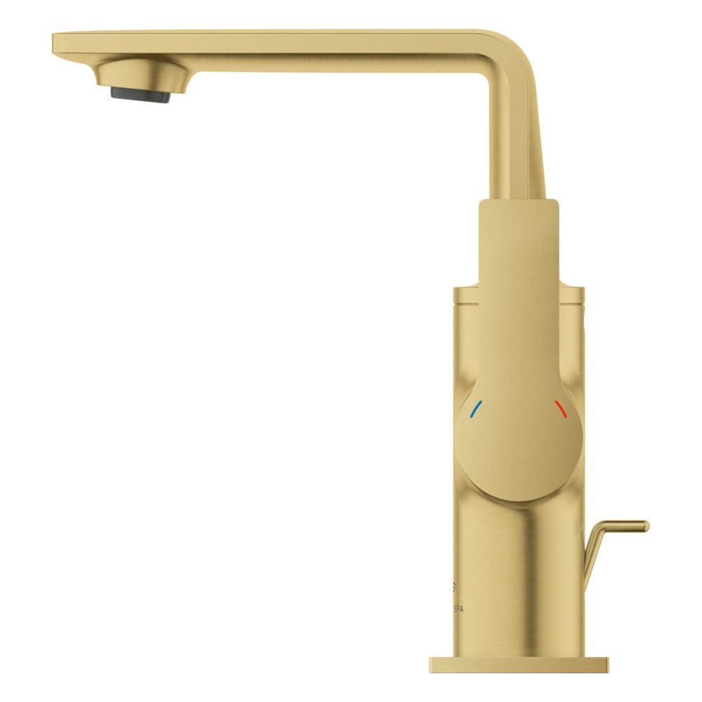 Grohe Allure single-hole bathroom faucet with angular spout and round handle in brushed gold finish.