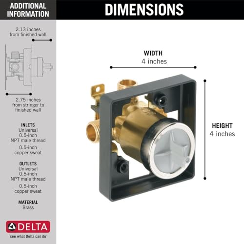 Brass pressure balance rough-in valve with black housing, 4 inches wide by 4 inches tall, showing inlet ports and circular tr