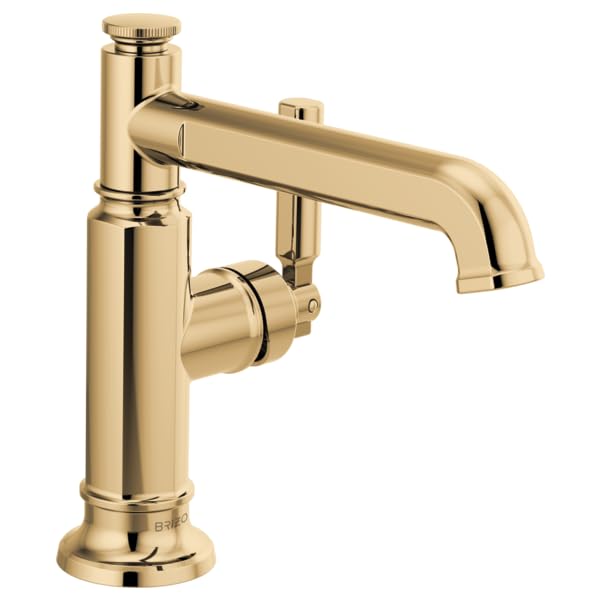 Polished brass single-handle lavatory faucet with curved spout and cylindrical body.