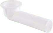 White PVC tub waste and overflow shoe with cylindrical pipe and cup-shaped connector.