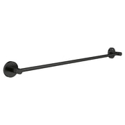 Matte black 24-inch towel bar with circular wall-mounted brackets on each end.