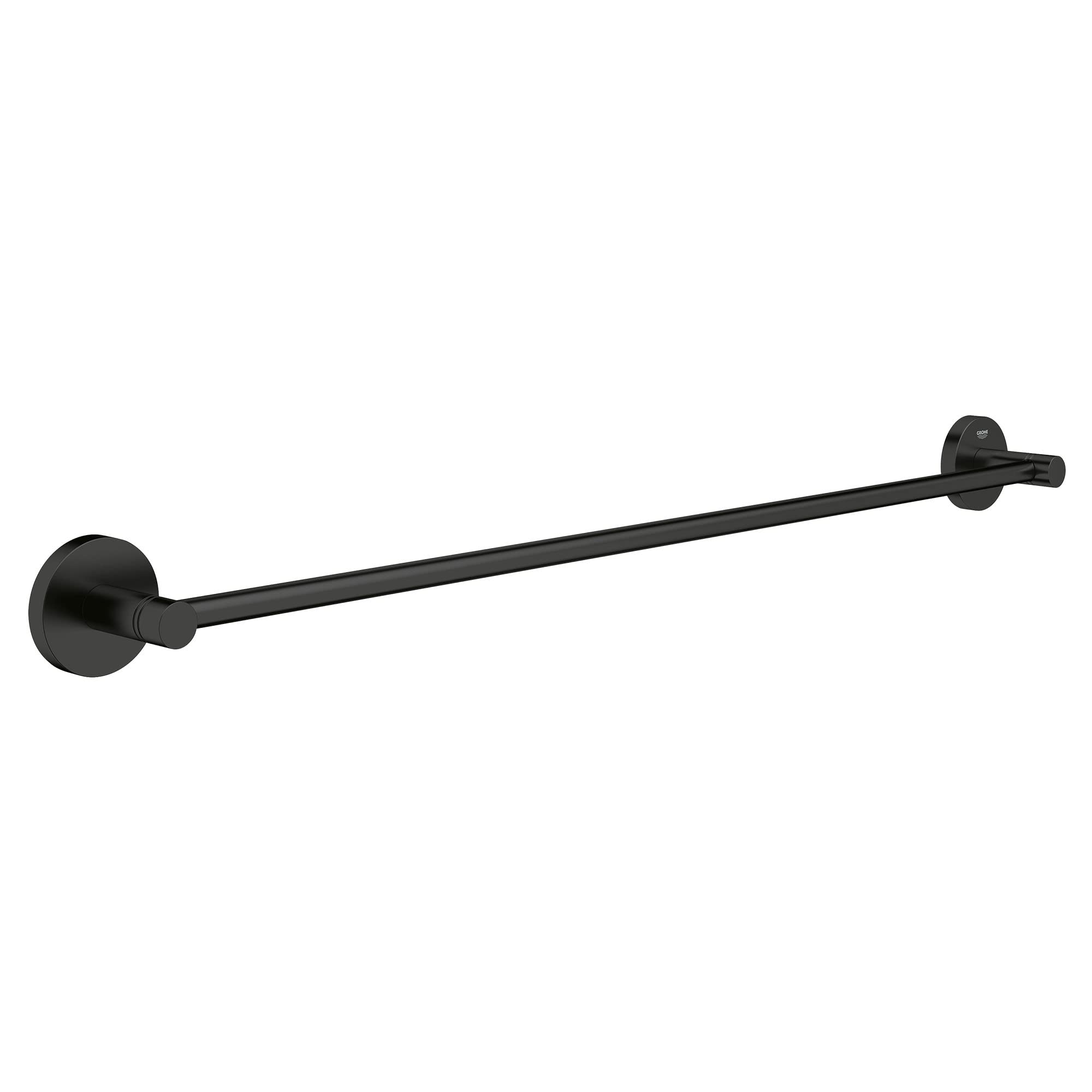 Matte black 24-inch towel bar with circular wall-mounted brackets on each end.