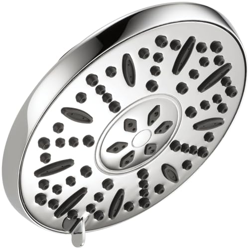 Chrome circular shower head with multiple spray jets arranged in concentric rings and an adjustable center dial.