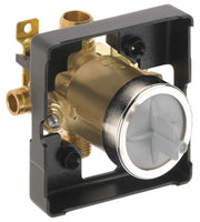 Brass pressure balance valve rough-in unit with PEX connections, black housing, and white trim ring.