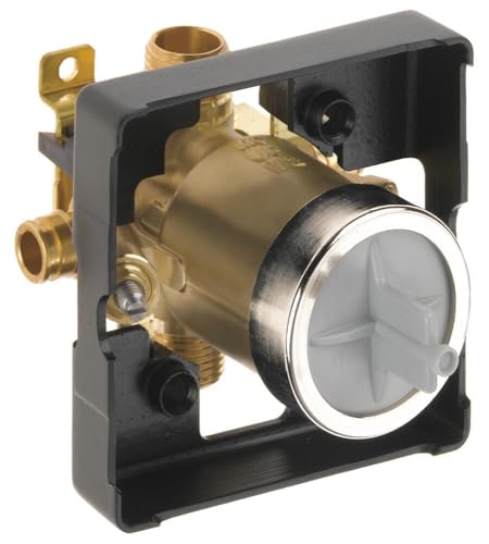 Brass pressure balance valve rough-in unit with PEX connections, black housing, and white trim ring.