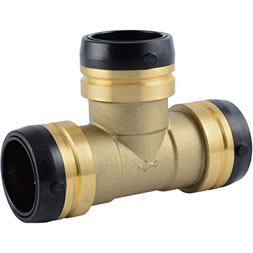 Brass tee fitting with black push-to-connect ports on three ends and gold grip rings.