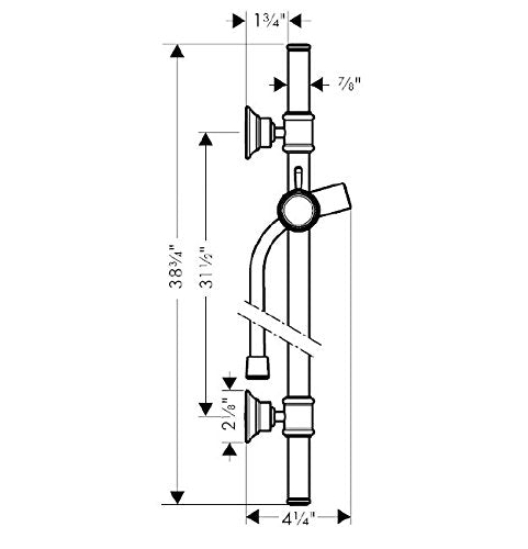 AXOR Montreux brushed nickel 32-inch wallbar with dual outlet connections and handheld shower bracket, technical diagram with