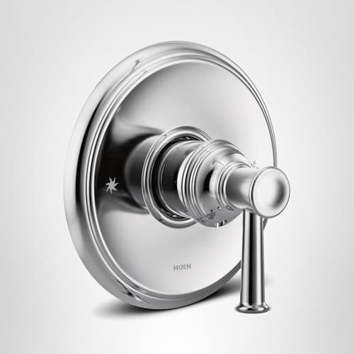 Chrome single-handle valve trim kit with round escutcheon plate and lever handle for shower or tub installation.