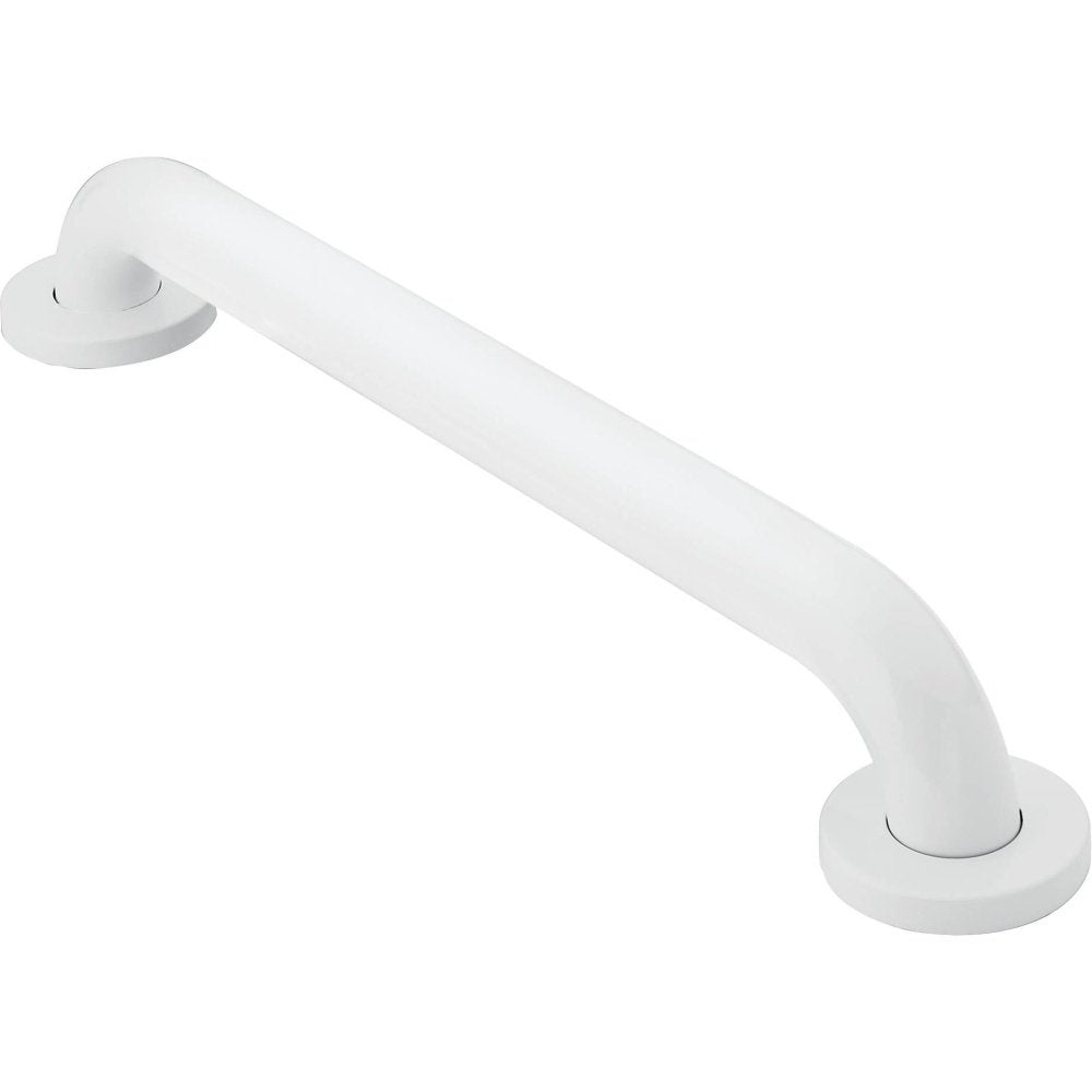 White curved grab bar with round mounting flanges at each end, 16 inches long.