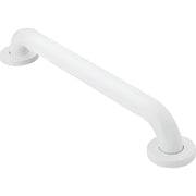 White curved grab bar with round mounting flanges at each end.