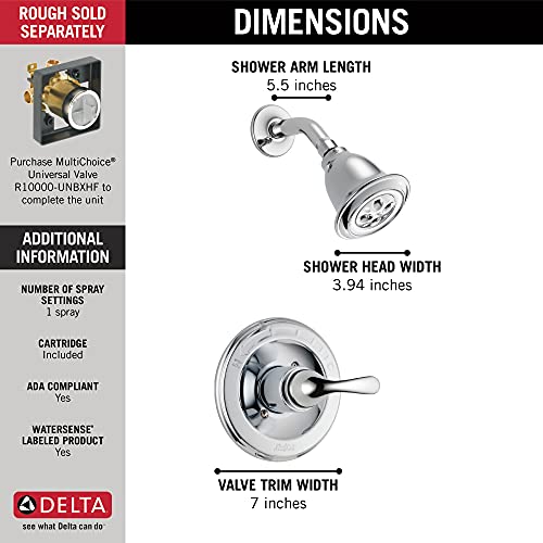 Chrome shower trim with single lever handle, circular valve trim, and round shower head with dimensions labeled.