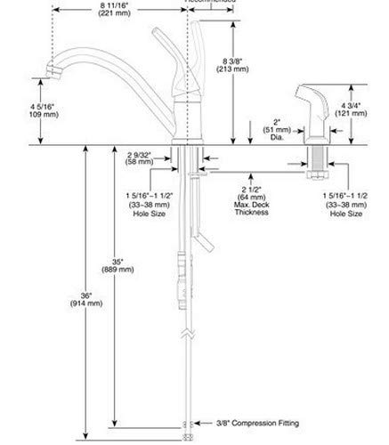 Chrome single-handle kitchen faucet with curved spout and lever control, technical specification diagram with measurements.