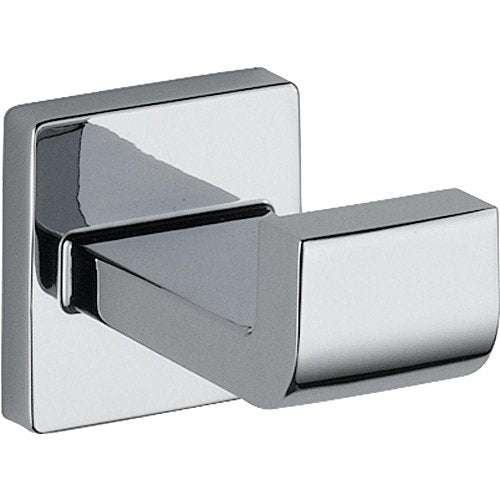 Polished chrome robe hook with square backplate and curved hook arm mounted horizontally.