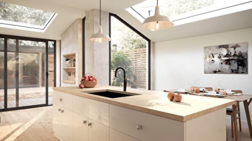 Brushed stainless steel single bowl kitchen sink installed in cream cabinetry with black faucet and light wood countertop.