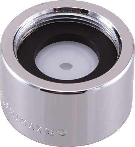 Chrome aerator with black rubber insert and center hole, cylindrical shape viewed from above.